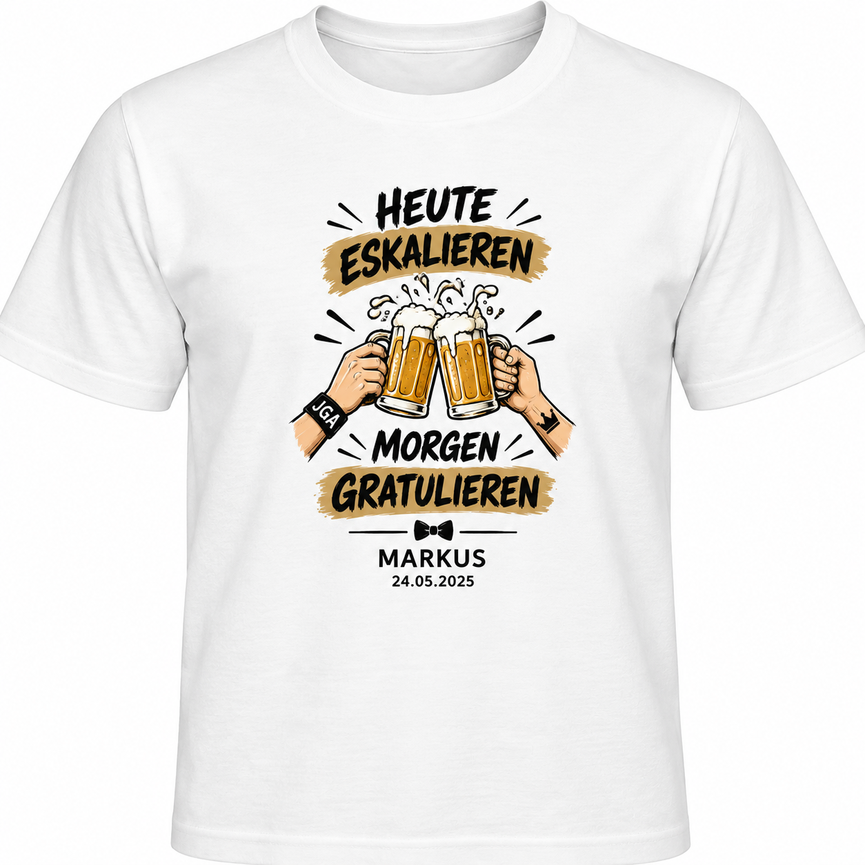 JGA T-Shirt „Heute eskalieren – morgen gratulieren“ mit Name & Datum