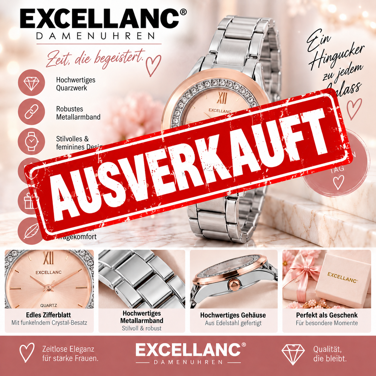 Excellanc Damenuhr mit Metallarmband & Crystal-Besatz – Silber/Roségold