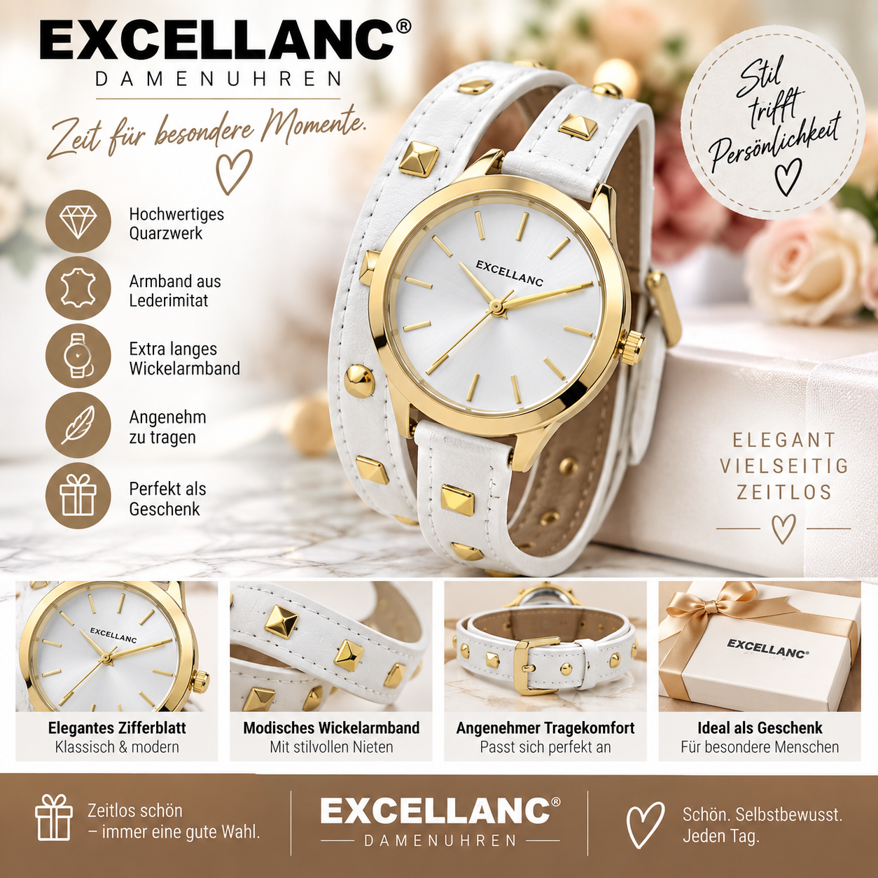 Excellanc Damenuhr mit Wickelarmband – Weiß/Gold