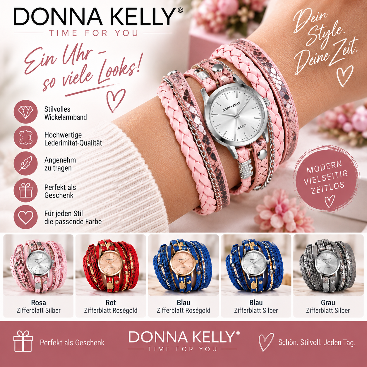 Donna Kelly Damenuhr mit Wickelarmband – verschiedene Farbvarianten