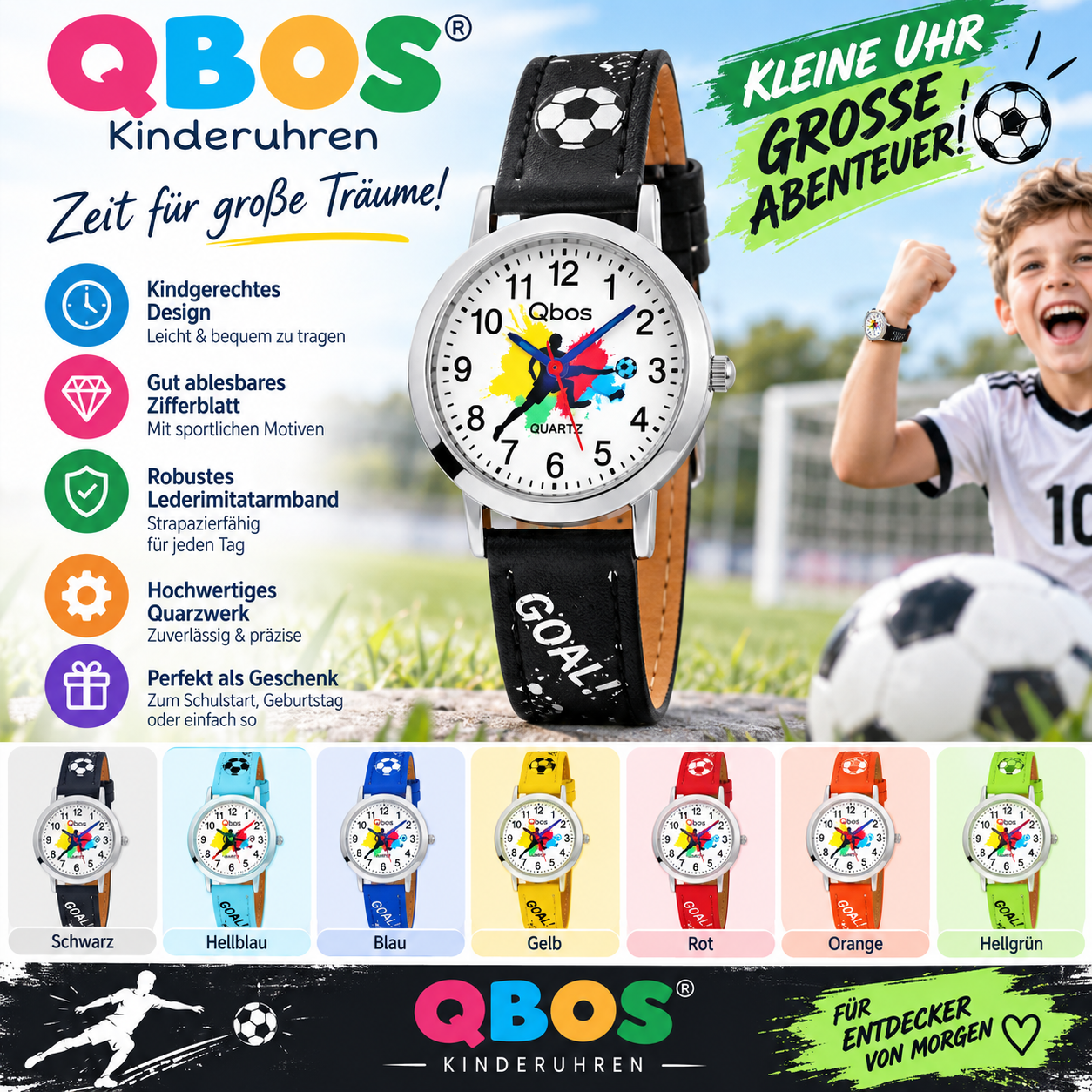 QBOS Kinderuhr mit Motiv Fußball – 7 Farben zur Auswahl