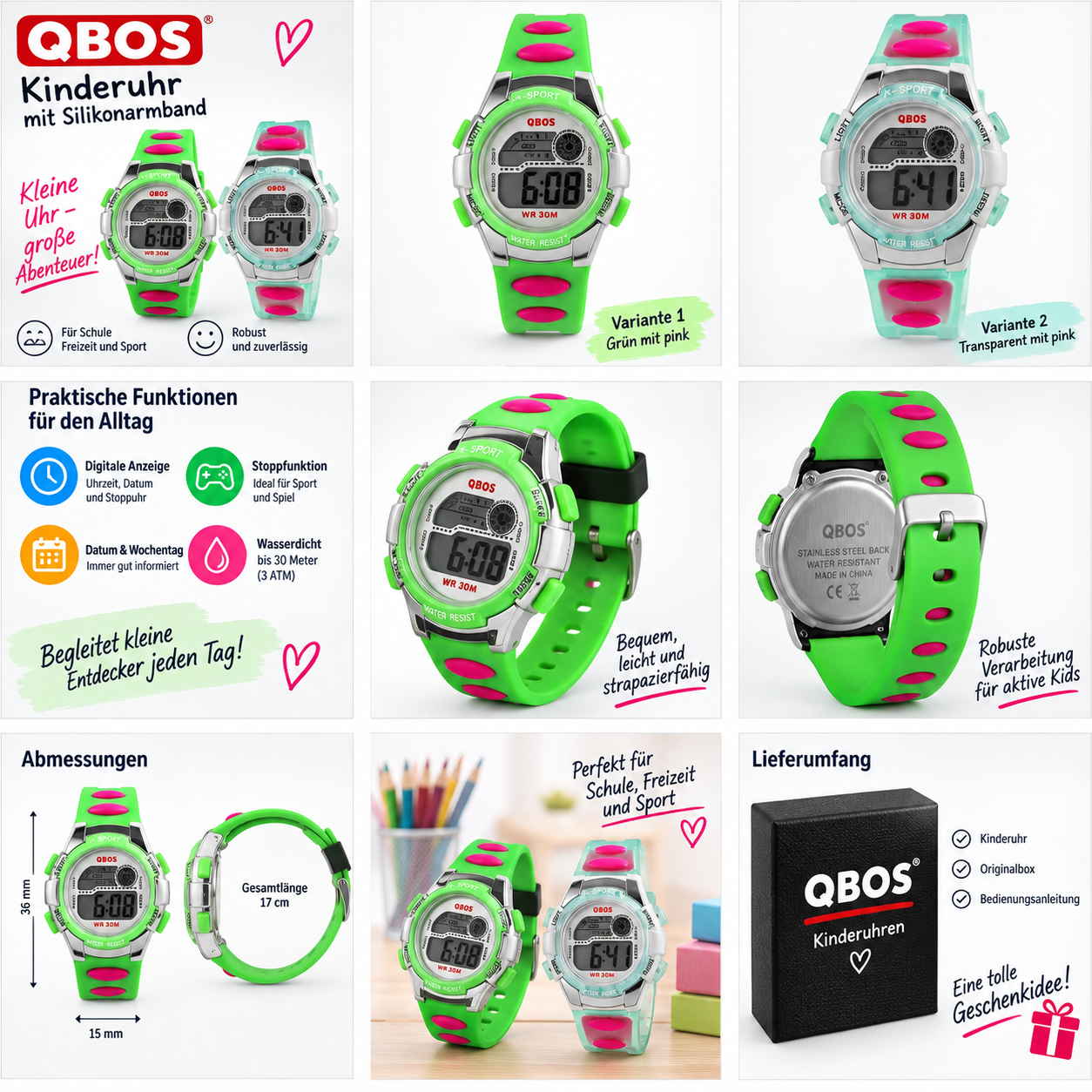 QBOS Digitale Kinderuhr mit Silikonarmband – 2 Farbvarianten